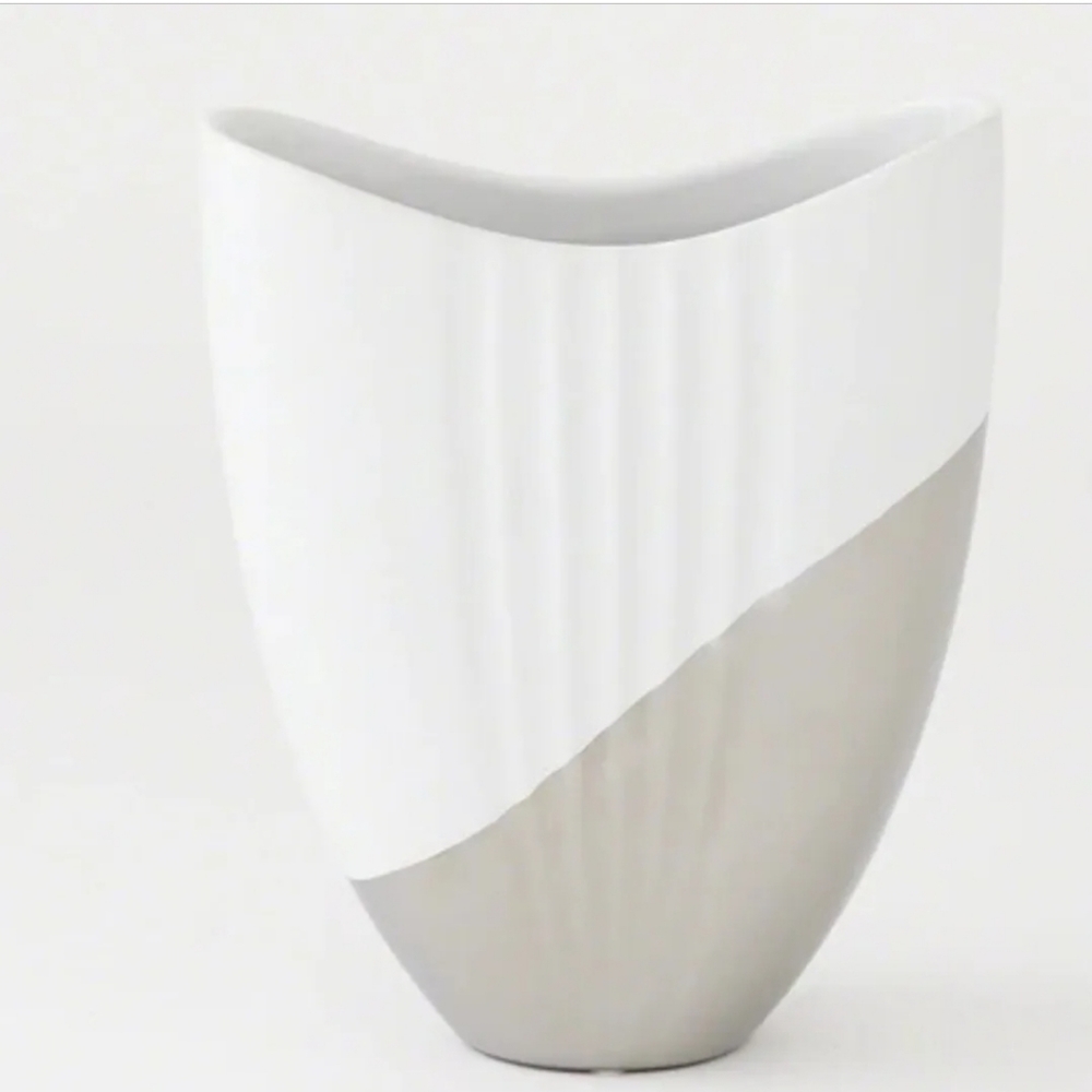 Global Views METALLIC DIPPED OVAL VASE - Silver, White Ceramic
